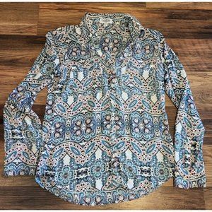 Express Portofino Long Roll Tab Sleeve Button Up Top Teal Paisley Sz S Slim Fit